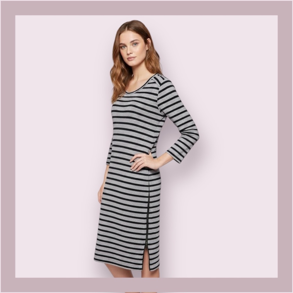 J. Crew Grey And Navy Striped Side Zip 3/4 Sleeve Knit Dress Size S